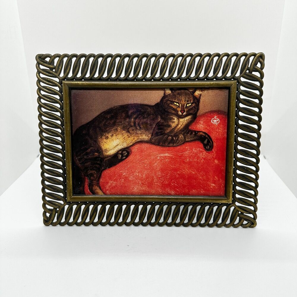 Vintage Metal Framed Postcard Cat Art Print